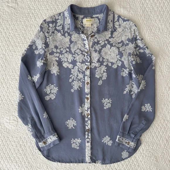 Anthropologie Maeve Blue White Rosalee 100% Silk Floral Blouse - Picture 9 of 11
